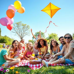 A joyful scene depicting happiness and celebration, featuring diverse people with bright smiles under a clear blue sky