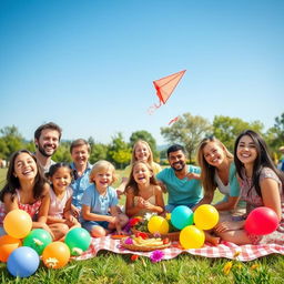 A joyful scene depicting happiness and celebration, featuring diverse people with bright smiles under a clear blue sky