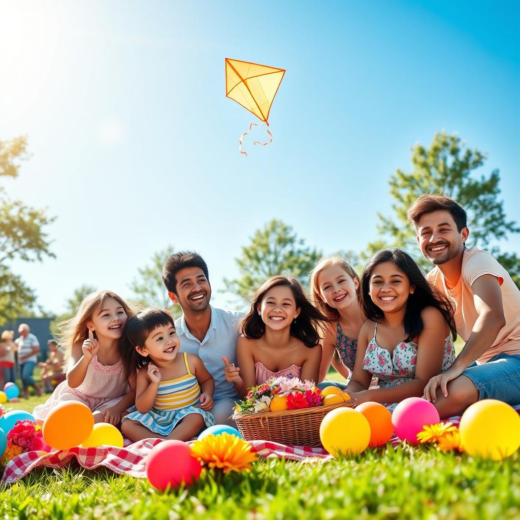 A joyful scene depicting happiness and celebration, featuring diverse people with bright smiles under a clear blue sky