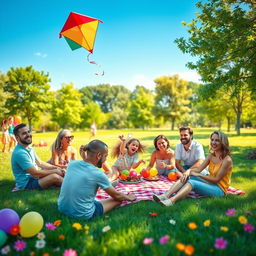 A joyful scene depicting happiness and celebration, featuring diverse people with bright smiles under a clear blue sky