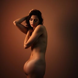 artistic depiction of a nude woman, gentle pose, subtle and tasteful lighting, feminine beauty, serene expression, calm atmosphere, sense of empowerment, emphasis on natural curves, artistic nude portrait, classical art influence