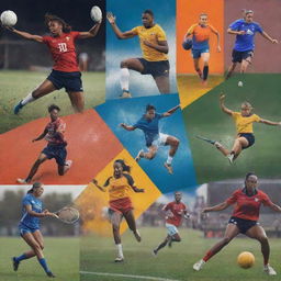 A vibrant, action-packed scene of various sports being played on different fields, showcasing athletes in their peak performance.