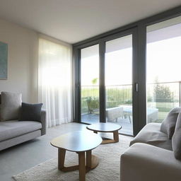 Stylish and modern interior of a spacious living room with sleek furniture, large windows and natural lighting.