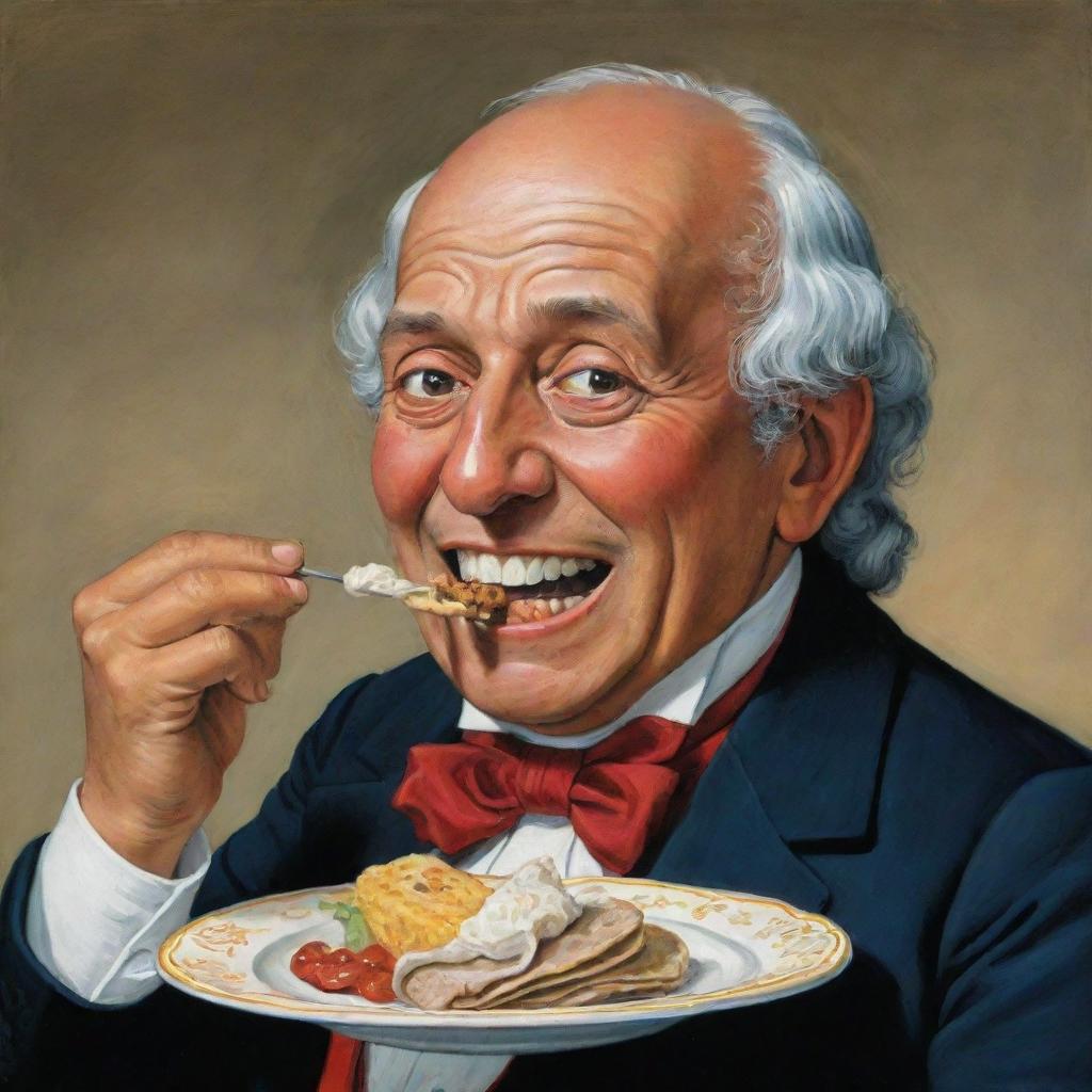 A vibrant and humorous caricature of Miguel Hidalgo delightfully eating a marquesita, showcasing his historical attire with playful exaggeration.