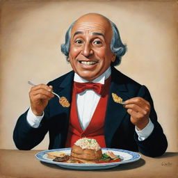 A vibrant and humorous caricature of Miguel Hidalgo delightfully eating a marquesita, showcasing his historical attire with playful exaggeration.