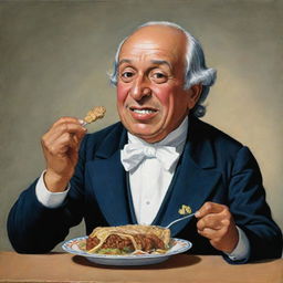 A vibrant and humorous caricature of Miguel Hidalgo delightfully eating a marquesita, showcasing his historical attire with playful exaggeration.