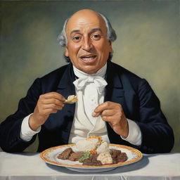 A vibrant and humorous caricature of Miguel Hidalgo delightfully eating a marquesita, showcasing his historical attire with playful exaggeration.