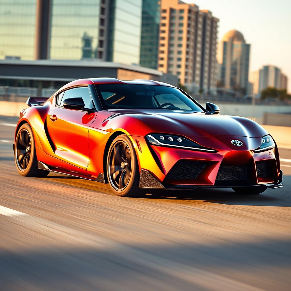 Toyota Supra MK5 2025 model, sleek and futuristic design, sharp aerodynamic lines, sports car, vibrant metallic paint, cutting-edge LED headlights, aggressive front grille, sporty alloy wheels, modern interior with high-tech dashboard, urban city background, dynamic driving pose