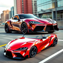 Toyota Supra MK5 2025 model, sleek and futuristic design, sharp aerodynamic lines, sports car, vibrant metallic paint, cutting-edge LED headlights, aggressive front grille, sporty alloy wheels, modern interior with high-tech dashboard, urban city background, dynamic driving pose