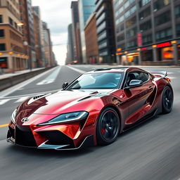 Toyota Supra MK5 2025 model, sleek and futuristic design, sharp aerodynamic lines, sports car, vibrant metallic paint, cutting-edge LED headlights, aggressive front grille, sporty alloy wheels, modern interior with high-tech dashboard, urban city background, dynamic driving pose