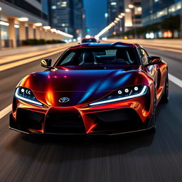 Toyota Supra MK5 2025 model, sleek and futuristic design, sharp aerodynamic lines, sports car, vibrant metallic paint, cutting-edge LED headlights, aggressive front grille, sporty alloy wheels, modern interior with high-tech dashboard, urban city background, dynamic driving pose