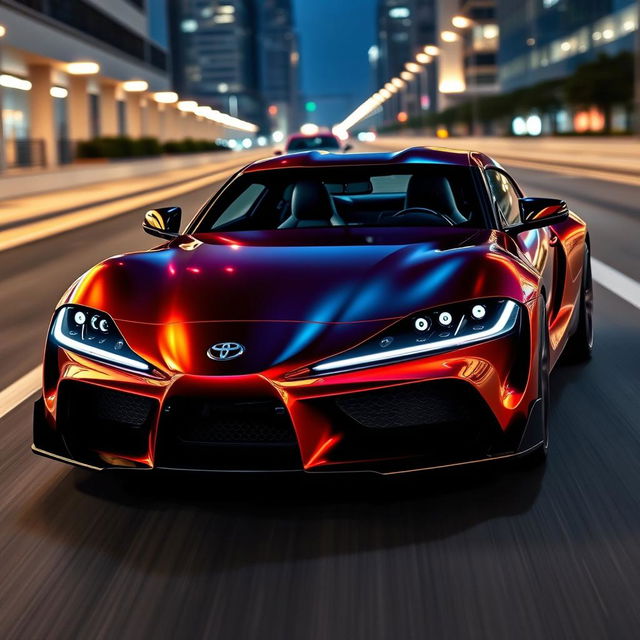 Toyota Supra MK5 2025 model, sleek and futuristic design, sharp aerodynamic lines, sports car, vibrant metallic paint, cutting-edge LED headlights, aggressive front grille, sporty alloy wheels, modern interior with high-tech dashboard, urban city background, dynamic driving pose