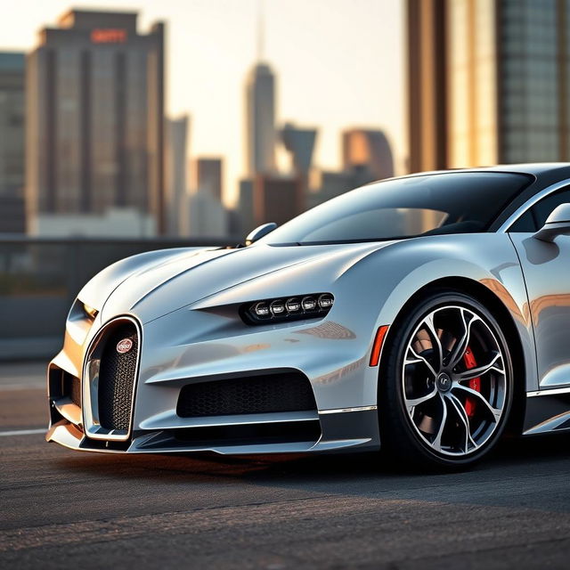 A stunning Bugatti Chiron in pristine white, captured in a dynamic angle that showcases its sleek curves and high-performance design