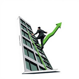 A book cover illustrated in modern, vector, and minimalist art style, featuring a businessman climbing a building facade as though ascending a ladder