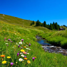 Vibrant meadow with wildflowers under a clear blue sky, a gentle stream flowing peacefully with nature all around.