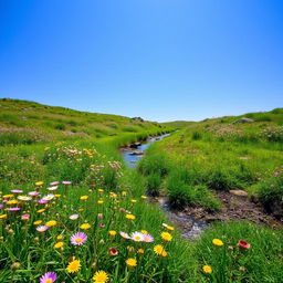 Vibrant meadow with wildflowers under a clear blue sky, a gentle stream flowing peacefully with nature all around.