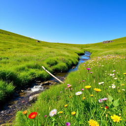 Vibrant meadow with wildflowers under a clear blue sky, a gentle stream flowing peacefully with nature all around.