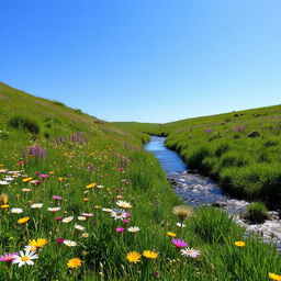 Vibrant meadow with wildflowers under a clear blue sky, a gentle stream flowing peacefully with nature all around.