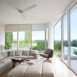 Stylish and modern interior of a spacious living room with sleek furniture, large windows and natural lighting.