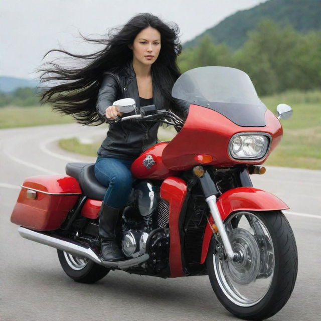 A motorcyclist with long, flowing black hair riding a large red motorcycle