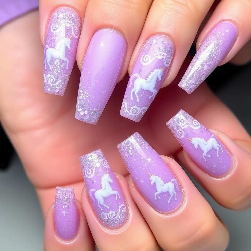 A stunning nail design featuring a dreamy violet theme, adorned with glitter and unicorn motifs