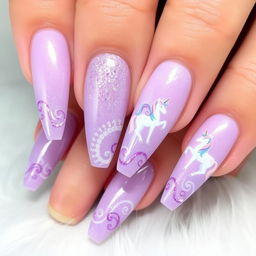 A stunning nail design featuring a dreamy violet theme, adorned with glitter and unicorn motifs