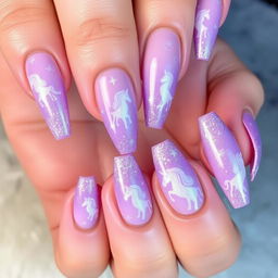 A stunning nail design featuring a dreamy violet theme, adorned with glitter and unicorn motifs