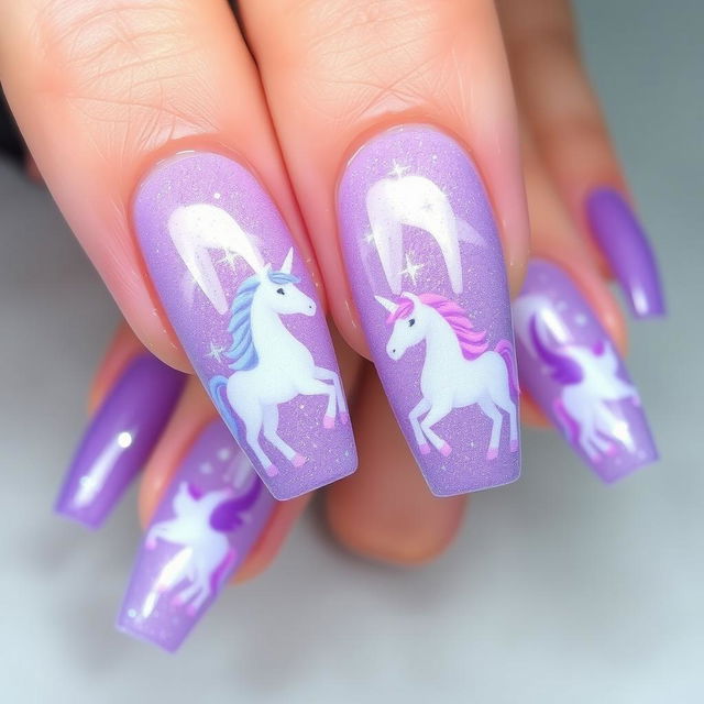 A stunning nail design featuring a dreamy violet theme, adorned with glitter and unicorn motifs