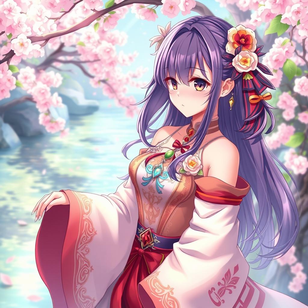 A beautiful anime-style girl in a fantasy setting, showcasing intricate and elegant clothing with vibrant colors, surrounded by ethereal scenery like cherry blossom trees and a serene river