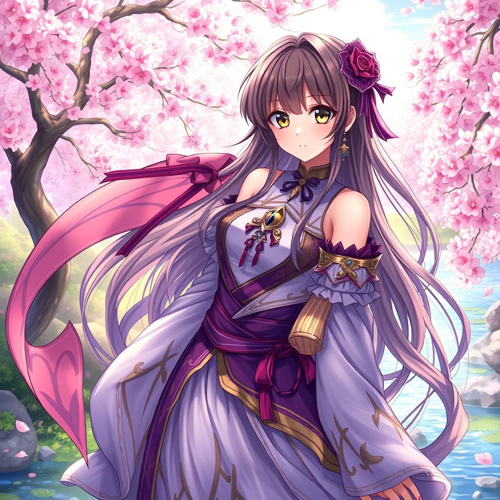 A beautiful anime-style girl in a fantasy setting, showcasing intricate and elegant clothing with vibrant colors, surrounded by ethereal scenery like cherry blossom trees and a serene river