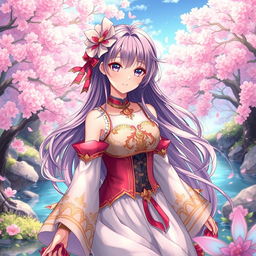 A beautiful anime-style girl in a fantasy setting, showcasing intricate and elegant clothing with vibrant colors, surrounded by ethereal scenery like cherry blossom trees and a serene river