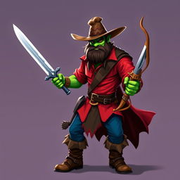 A half-orc with green skin, wearing a vibrant red shirt, blue pants, sturdy brown boots, and a classic brown cowboy hat