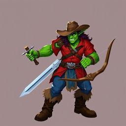 A half-orc with green skin, wearing a vibrant red shirt, blue pants, sturdy brown boots, and a classic brown cowboy hat