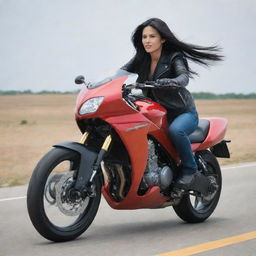 A motorcyclist with long, flowing black hair riding a large red motorcycle