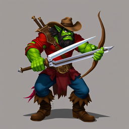 A half-orc with green skin, wearing a vibrant red shirt, blue pants, sturdy brown boots, and a classic brown cowboy hat