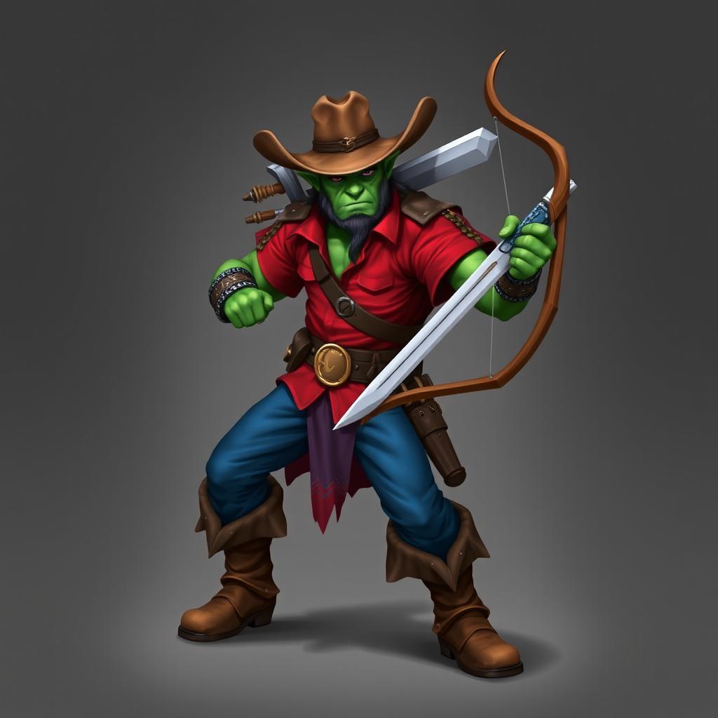 A half-orc with green skin, wearing a vibrant red shirt, blue pants, sturdy brown boots, and a classic brown cowboy hat