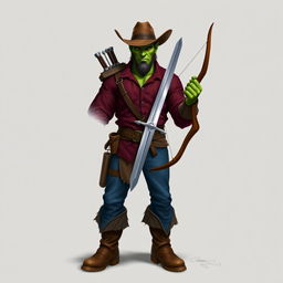 A realistic depiction of a half-orc with green skin