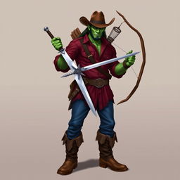 A realistic depiction of a half-orc with green skin