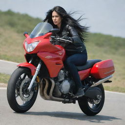 A motorcyclist with long, flowing black hair riding a large red motorcycle