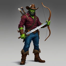 A realistic depiction of a half-orc with green skin