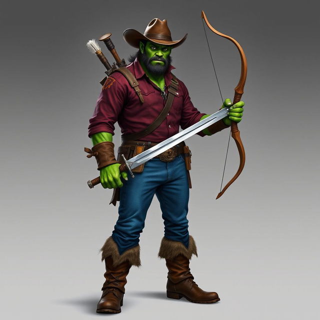 A realistic depiction of a half-orc with green skin