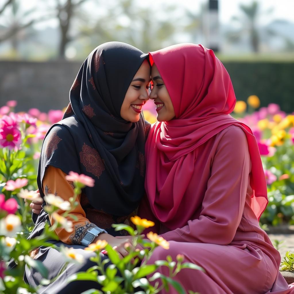 Two women wearing colorful hijabs, sitting closely together with affectionate expressions, sharing a tender and intimate moment in a beautiful garden