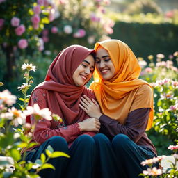 Two women wearing colorful hijabs, sitting closely together with affectionate expressions, sharing a tender and intimate moment in a beautiful garden