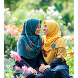 Two women wearing colorful hijabs, sitting closely together with affectionate expressions, sharing a tender and intimate moment in a beautiful garden