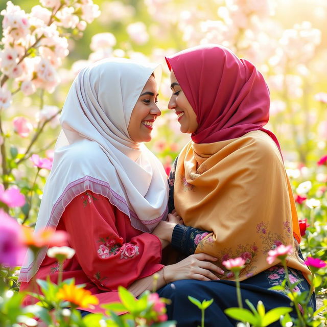 Two women wearing colorful hijabs, sitting closely together with affectionate expressions, sharing a tender and intimate moment in a beautiful garden