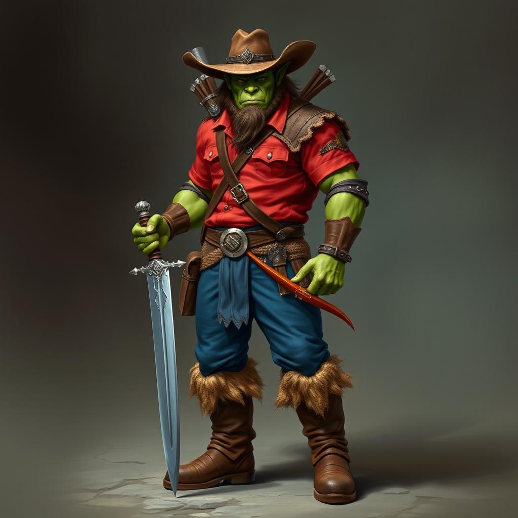 A realistic fantasy half-orc with green skin, dressed in a vibrant red shirt, blue pants, rugged brown boots, and a traditional brown cowboy hat