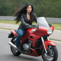 A motorcyclist with long, flowing black hair riding a large red motorcycle