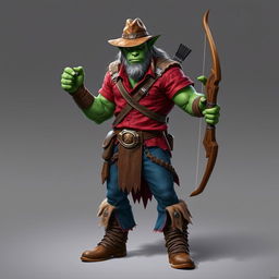 A realistic fantasy half-orc with green skin, dressed in a vibrant red shirt, blue pants, rugged brown boots, and a traditional brown cowboy hat