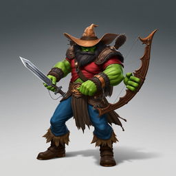 A realistic fantasy half-orc with green skin, dressed in a vibrant red shirt, blue pants, rugged brown boots, and a traditional brown cowboy hat