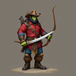 A realistic fantasy half-orc with green skin, dressed in a vibrant red shirt, blue pants, rugged brown boots, and a traditional brown cowboy hat